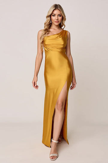 One Shoulder Sheath Gold Satin Long Bridesmaid Dress with Slit